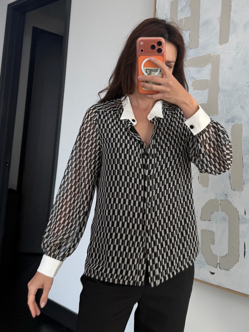 Womens Black & White Checker Button-Up Blouse with Contrast Collar
